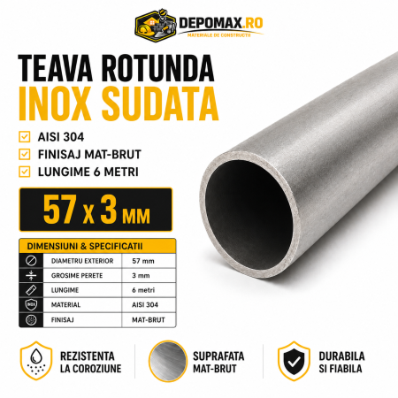 Teava rotunda inox sudata AISI 304, 57 x 3 mm, 6 metri